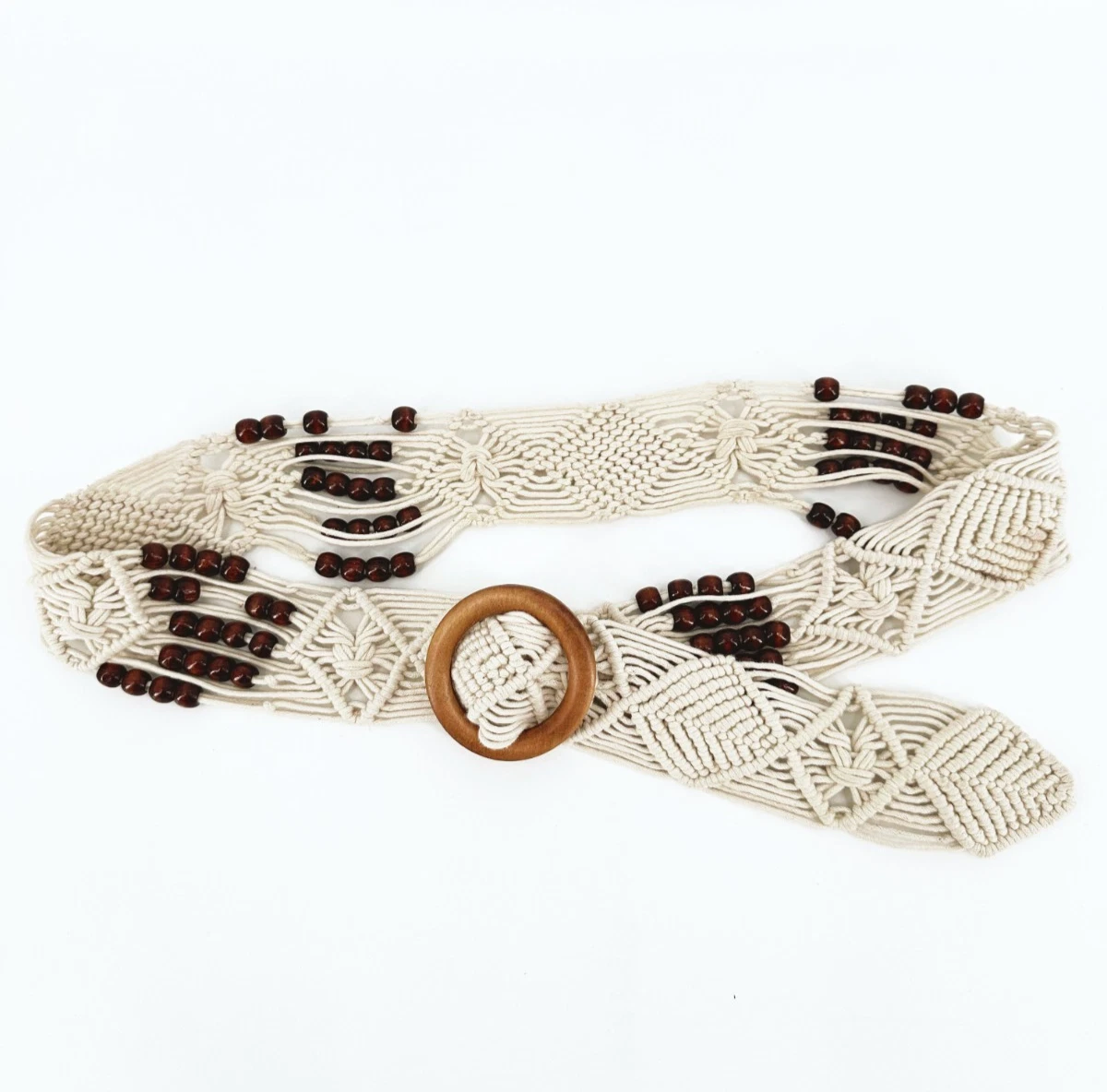 Macrame Belt Womens Large Braided Wood Buckle Woven Cotton Cowry Shells Beachy Macrame Braided Cowry Shell Belt: Handmade Boho Tribal Wear  main image 2