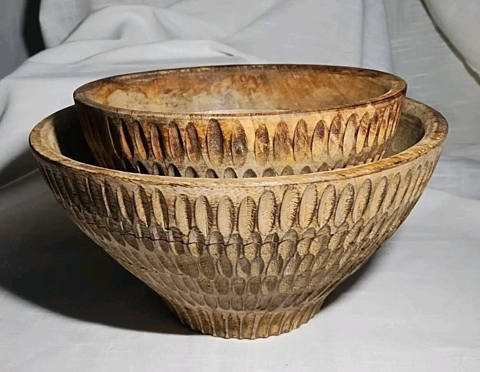 Juego de cuencos de madera artesanales vintage marrón/gris hecho en la India 1 10" 1 7 y 7/8" Foto 2 de 4