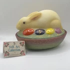 Vintage Fenton Folk Art Glass Easter Bunny Rabbit on Nest Covered Dish