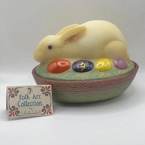 Vintage Fenton Folk Art Glass Easter Bunny Rabbit on Nest Covered Dish