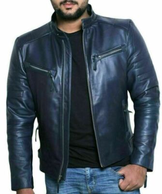 Leather Handmade Motorcycle Stylish Jacket Men's Biker Blue Jacket Lambskin Soft