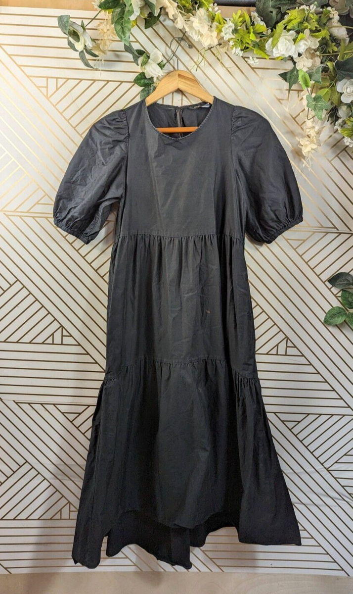 zara tiered midi dress Zara Tiered Midi Dress Women's Size S Cotton Peasant Puff Sleeve Black Pullover