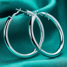 925 Sterling Solid Silver 50mm Round Smooth Big Hoop Earrings Women Jewelry