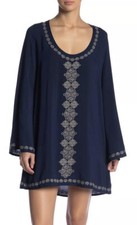 New Love Stitch Women's Bell Sleeve Embroidered Tunic Dress Navy Sz. M Boho