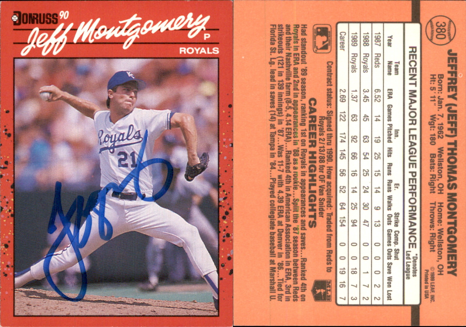Jeff Montgomery Signed 1990 Donruss #380 Card Kansas City Royals Auto AU