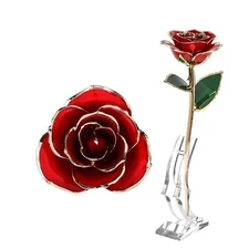 Fydun Senior Golden Rose Green Leaf red Long Stem Dipped 24k Gold Rose in Gif...