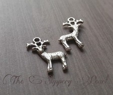 10 Deer Charms Antique Silver Tone Reindeer Pendants Nature Animal 2 Sided