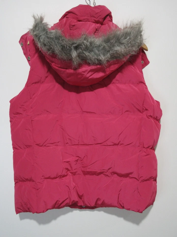 Sz 1X Talbots Down Filled Puffer Vest Zip Up Faux Fur Trim Removable Hood Pink - Image 3 of 4
