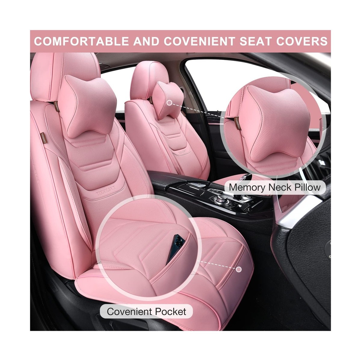 TIEHESYT Pink Car Seat Covers Full Set, Breathable Leather