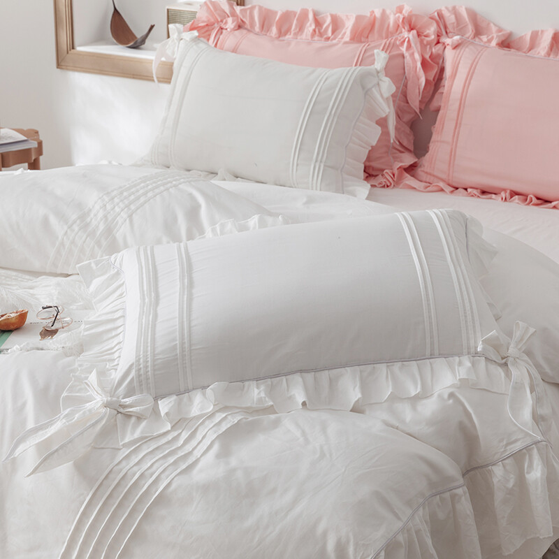 1 Pair Ruffle Cotton Bed Pillow Case Home Bedding Frill Bow Pillowcases