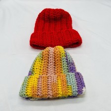 Crochet Beanies Lot of 2 Newborn - Infant Size Red and Multi Color Ombre