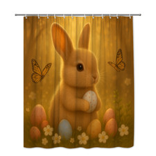 Adorable Bunny Shower Curtain with Colorful Eggs and Butterflies