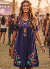 South Main Floral Boho Embroidered Cold Shoulder Dress Fiesta Mexican Medium