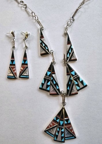 Native American Silver Inlaid Necklace Earrings Set Zuni K.D. Boone New Mexico