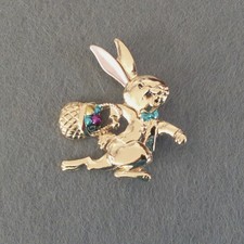 New Goldtone & Enamel Easter Bow-tie Bunny Rabbit with Egg Basket Pin Brooch