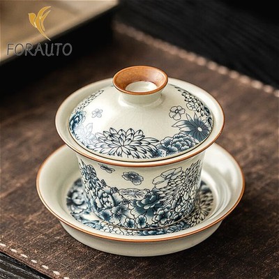 Blue Pattern Gaiwan Tea Cup 155ml 5.2oz Chinese Heat Resistant Kung Fu Tea Bowl