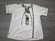 Men's Shirt Short Sleeves Size L White with Green African Print