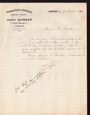 LIMOGES (87) PORCELAINE VERRERIE / ART MENAGER "Henry QUINQUE" Lettre en 1920