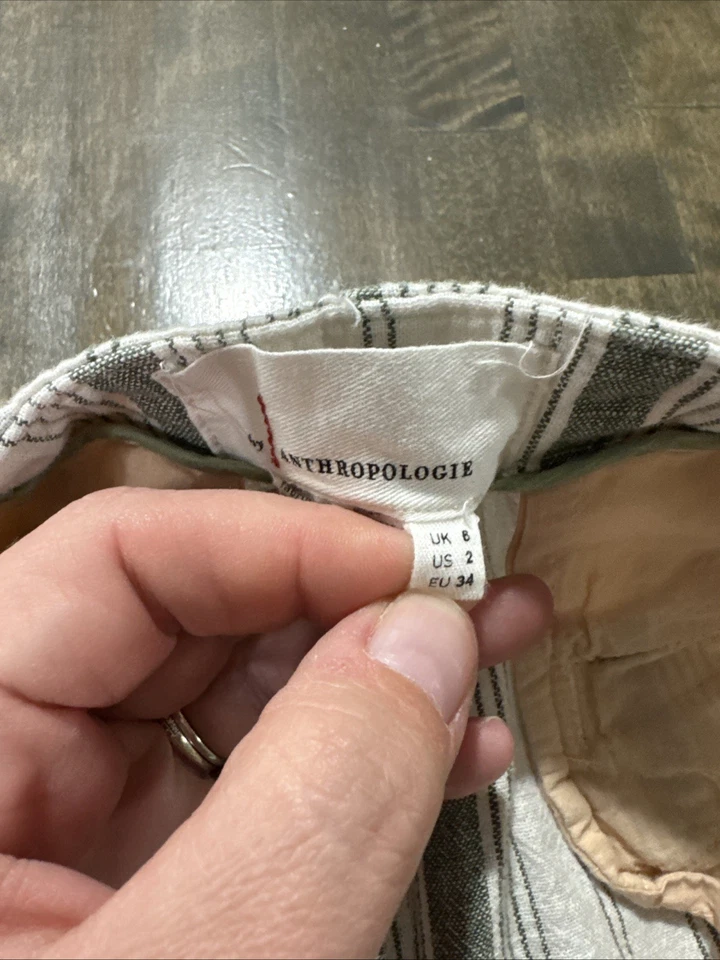 Anthropologie Linen Blend High Waisted Shorts Sz 2 Gray/Green Striped Button Fly - Image 2 of 4