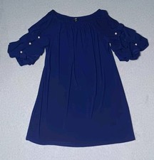 JBS Shift Dress Womens Size XL Navy Blue Off The Shoulder Stretch Ruffled And...