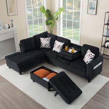 94.5" L-Shaped Sectional Sofa w/Storage Ottoman  Cup Holders 6-Seater Cushions