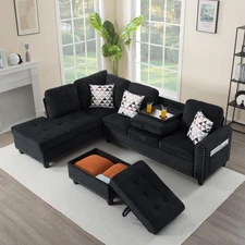 94.5" L-Shaped Sectional Sofa w/Storage Ottoman & Cup Holders 6-Seater Cushions