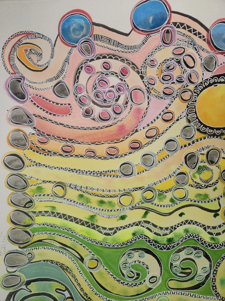 Serpientes y tentáculos - Acuarela abstracta original con detalles de acrílico y tinta Foto 2 de 4