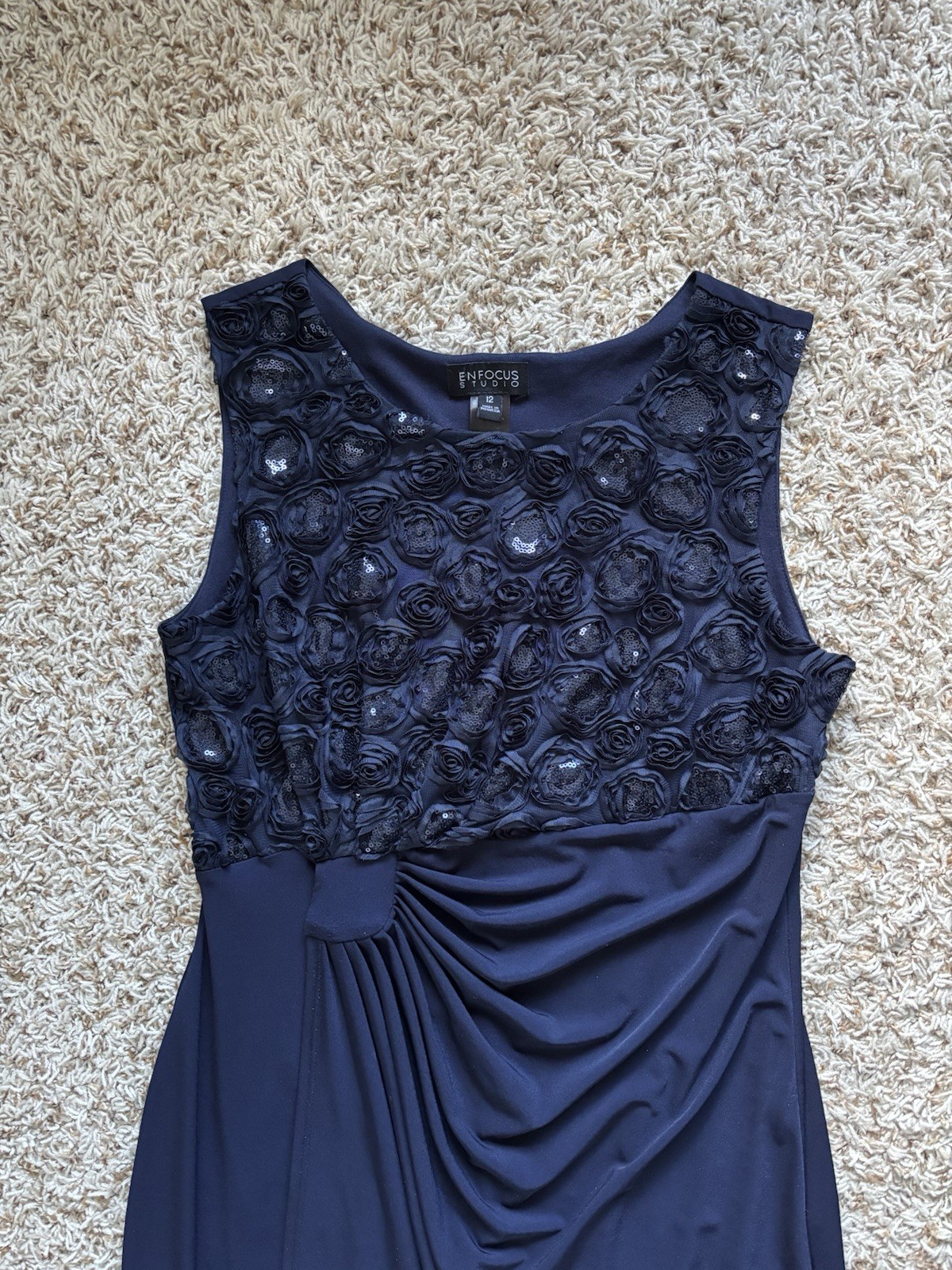 Enfocus Studio Women’s Dark Navy Dress Size 12 Sleeveless Pleated Sequins