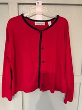 Vintage Karen Scott Collections Red Long Sleeve Button Up Cardigan with Navy Tri