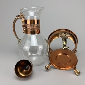 Vintage Copper Glass Coffee Pot Carafe With Warmer Stand Brown Ornate MCM Decor