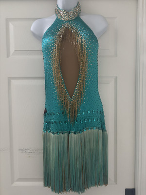Women s Teal Fringe Halter Latin Ballroom Dance Dress - Size Sm/med