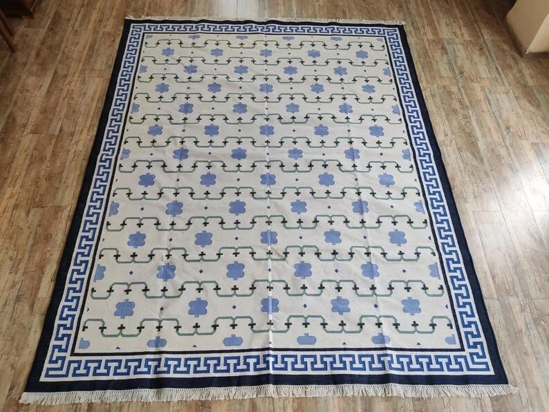 White & Blue Handmade 100% wool Area Boho Floral Rug Vintage Kilim Modern rug - Image 2 of 4