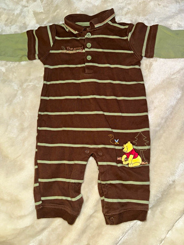 VintageDisney Baby Winnie the Pooh Striped Cotton Knit Snap Collared Romper 3-6M