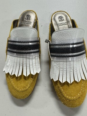 Brunello Cucinelli Mustard Suede/White Fringe Slip On Loafers l Size EU37 l NIB