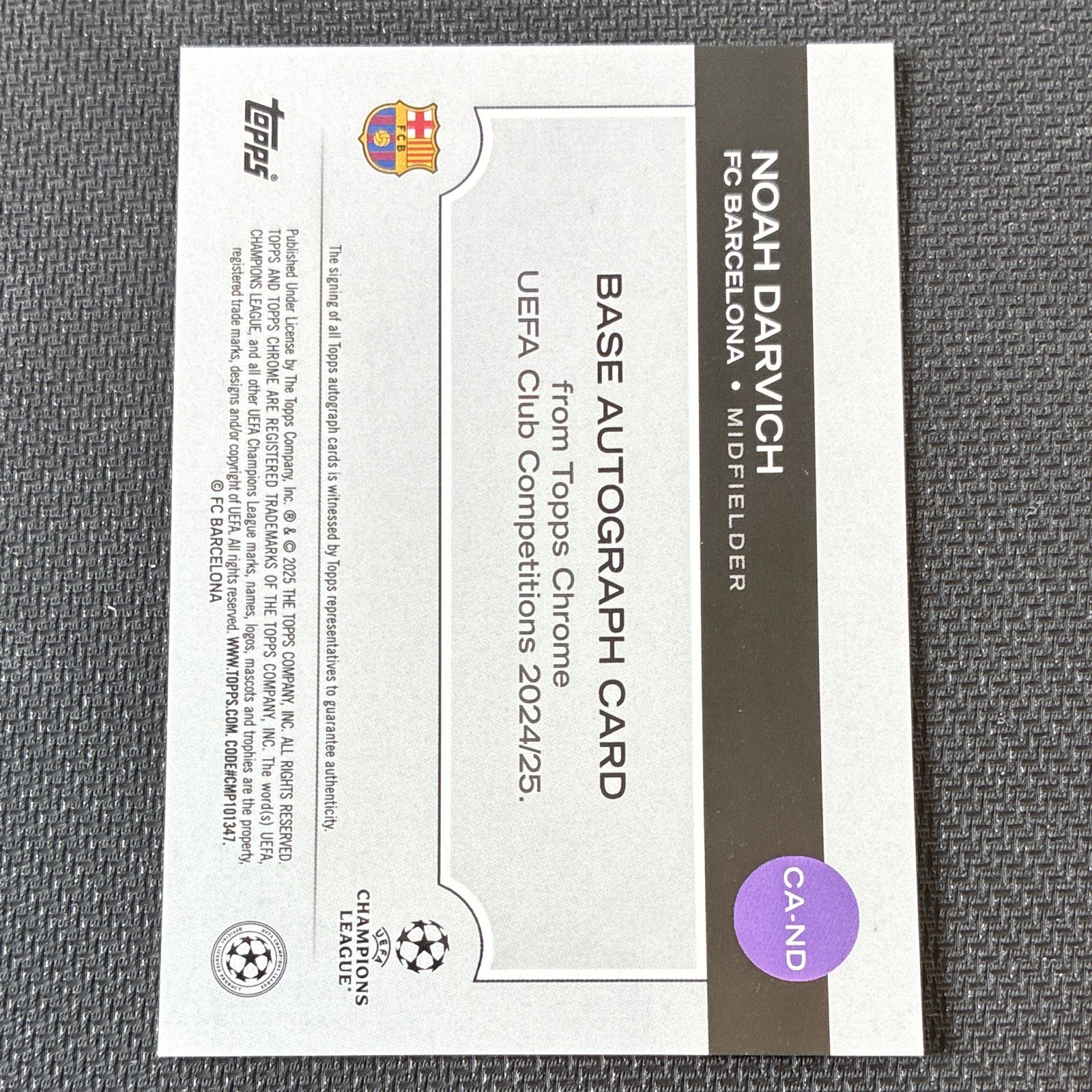 Topps 2024-25 Topps Chrome UEFA FC Barcelona Noah Darvich #CA-ND Auto RC /199 view 2