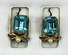Screw Back Earrings Signed Coro Aqua Blue Rhinestone Faux Pearl Silver Tone Vtg