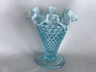 Vintage Fenton Glass Blue Opalescent Hobnail Ruffled Trumpet Vase 5 3/4”
