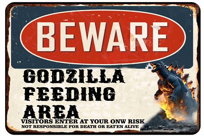 Beware Godzilla Feeding Area Enter at your Own Risk 8 x 12'' Tin Metal Sign
