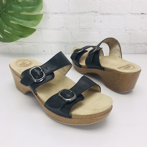 Dansko Women's Sandal Size 10/41 Sophie Black Leather Wedge Heel Strap Buckle - Picture 4 of 14