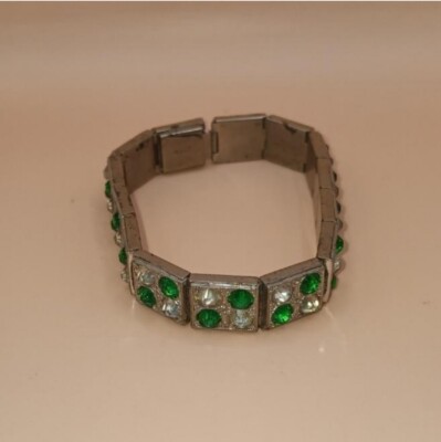 Green and White Rhinestones Bracelet, Signed AllCo, a few dark flecks