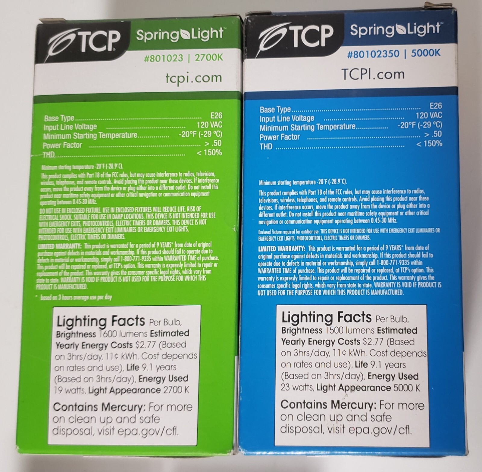 2 New TCP Spring Light 100W Bulbs Lamps E26 Base 5000K Daylight 2700K Soft White