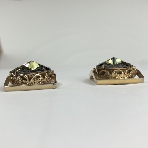 VTG 70s Large Ornate Rivoli Crystal Glass Gold Tone Cufflinks Disco Bling Green - Picture 6 of 9