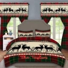 Personalized Christmas Plaid Reindeer Bedding Set,Family Holiday Duvet Cover Set