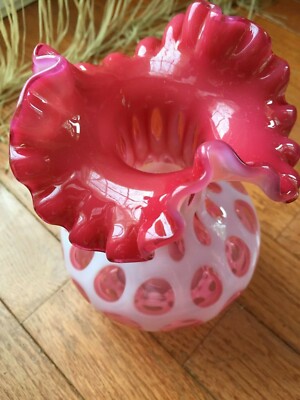 Fenton Coin Dot Cranberry Pink Cased Glass Double Ruffled Vase 7