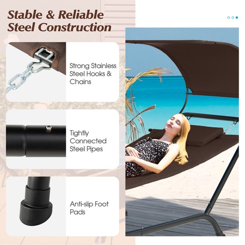 Patio Hanging Chaise Lounge Chair w/ Canopy, Cushion, Pillow & Storage Bag Brown - Picture 4 of 9