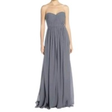 Jenny Yoo Collection Gray Chiffon Pleated Bodice Strapless Maxi Dress Size 10