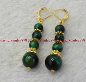 Authentic Genuine Natural Green Tiger's Eye Round Gemstone Gold-plated Leverback Earrings