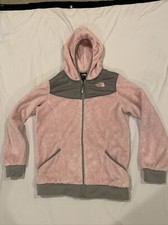THE NORTH FACE Girls OSO Full Zip Hooded Fuzzy Fleece Jacket Pink/Gray XL 18