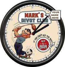 Golf Club Divot Golfing Cant Hit Ball Bar Your Name Personalized Sign Wall Clock