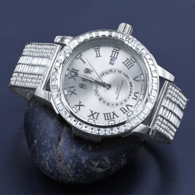 Men's Custom Baguette 18K White Gold Finish Simulated Diamond 50mm Luxury Watch 